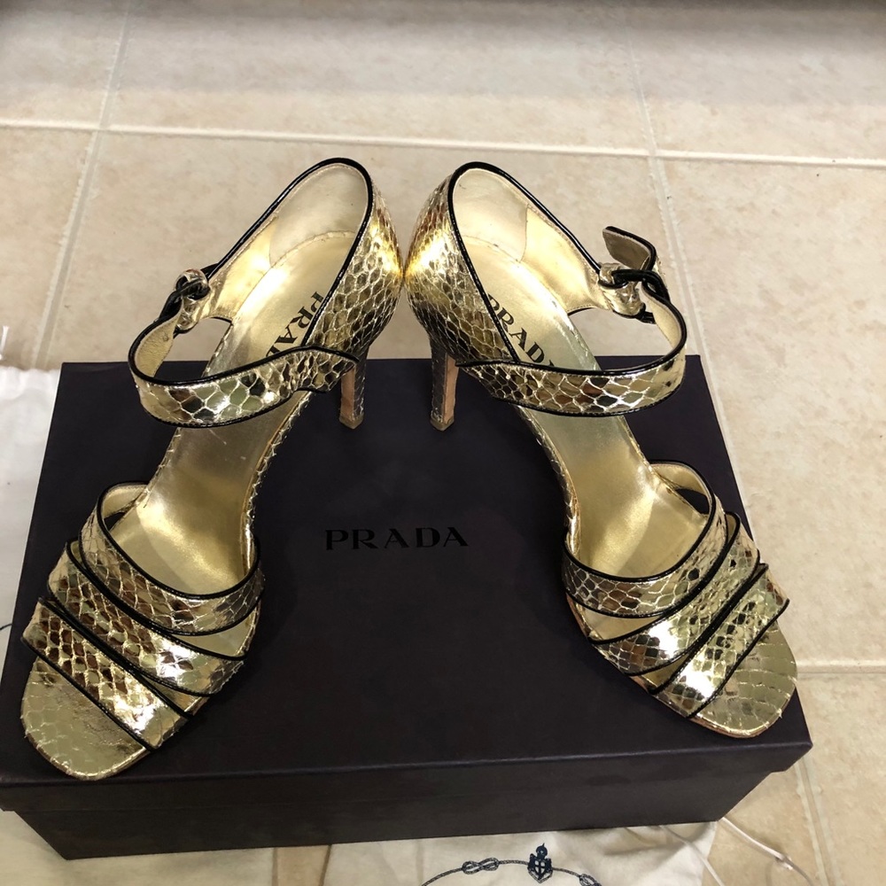 Gold and black snake skin Prada high heels